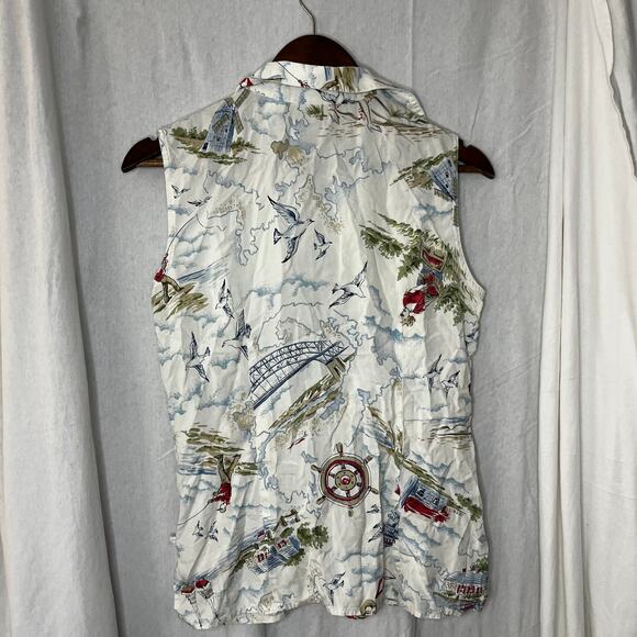Vintage 90s 100% Silk Button Down Sleeveless Collared Shirt Beach Scene Vacation - Picture 2 of 6